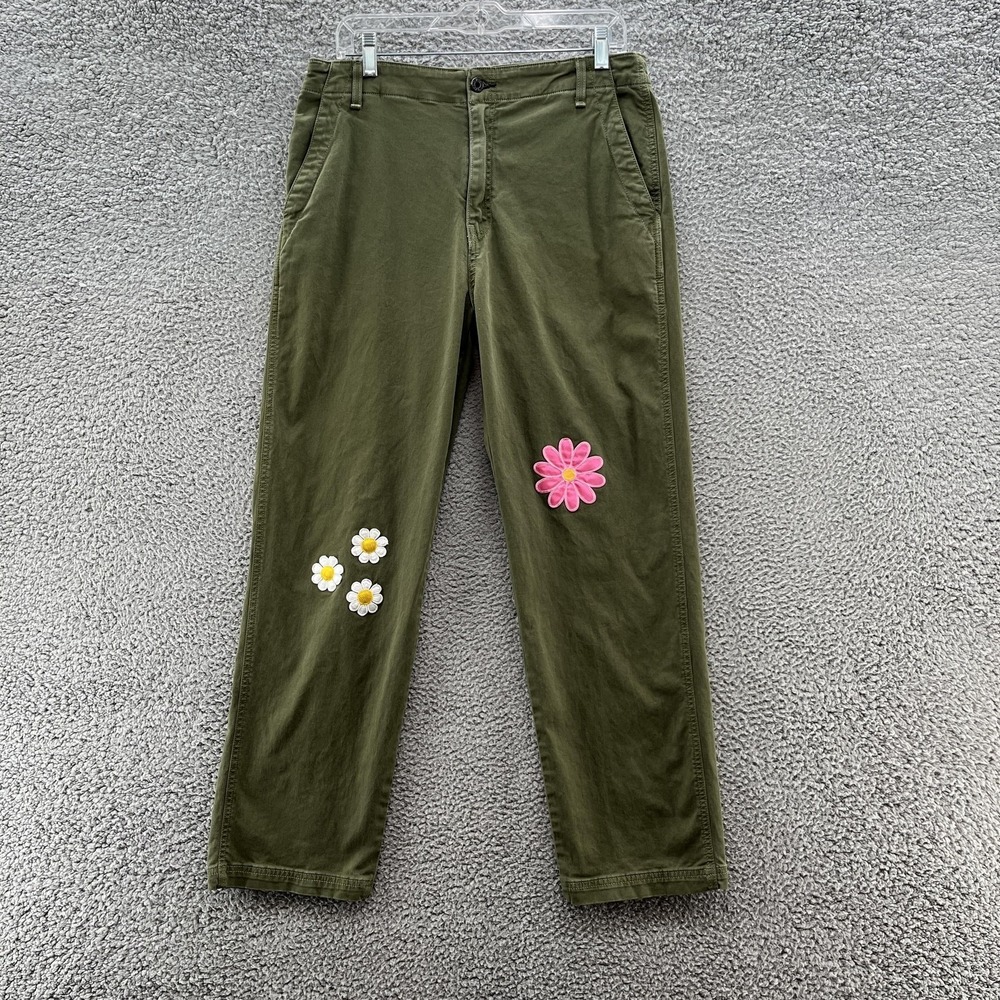 ASKK NY Pants Womens 28 Olive Green Wide Leg Floral 70s Patch Smiley Face Chino